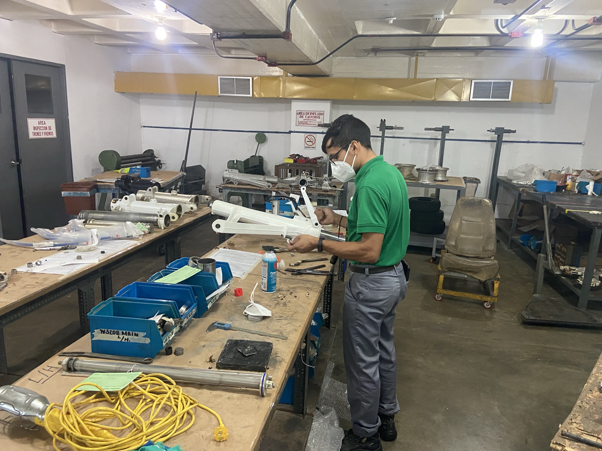 Landing gear strut being serviced in our dedicated inspection area.